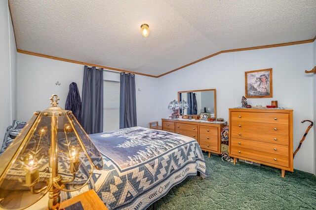 10269 30th Ave, Evart, MI 49631 - bedroom with dark colored carpet, lofted ceiling, a textured ceiling, and ornamental molding