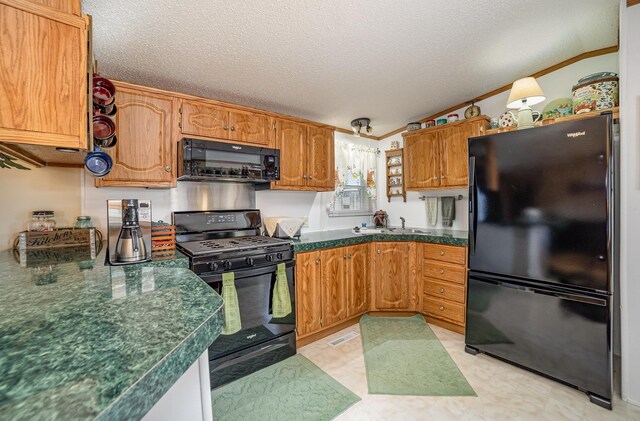 10269 30th Ave, Evart, MI 49631 - kitchen featuring a sink, a textured ceiling, visible vents, lofted ceiling, and black appliances