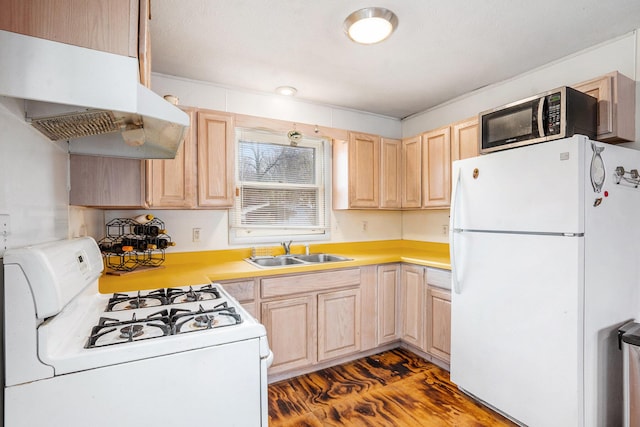 kitchen with a sink, light brown cabinetry, white appliances, light countertops, and under cabinet range hood