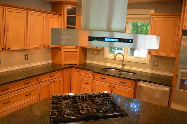 3629 Frederick Dr, Ann Arbor, MI 48105 - kitchen with stainless steel dishwasher, exhaust hood, stovetop, and dark stone counters
