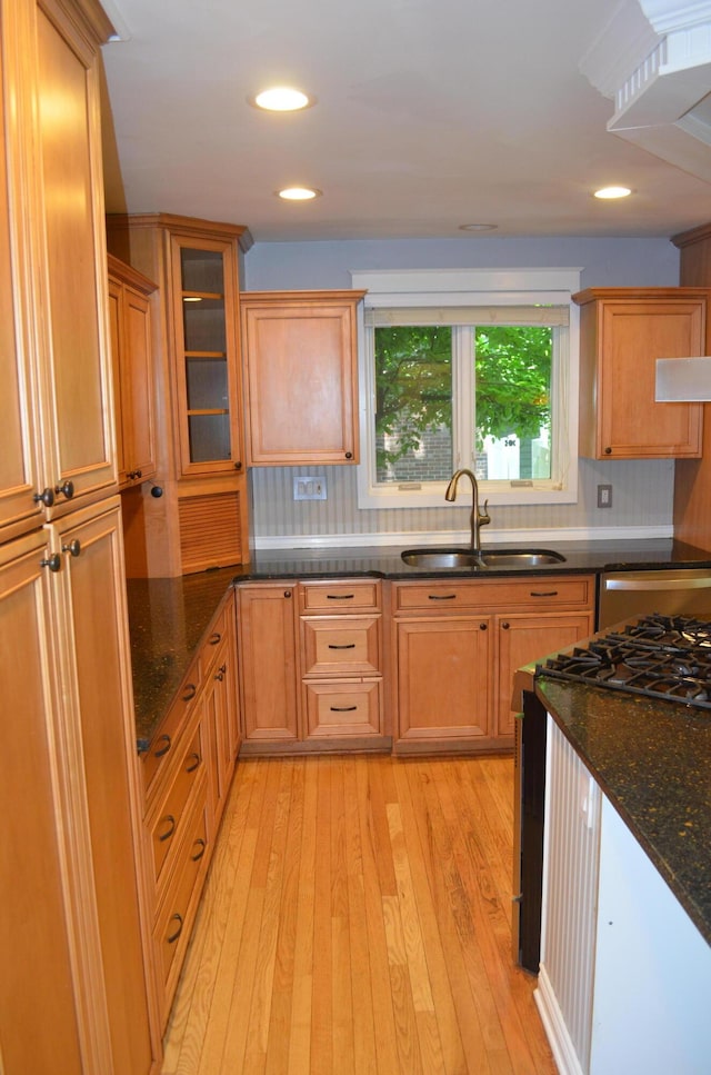 3629 Frederick Dr, Ann Arbor, MI 48105 - kitchen featuring light wood-type flooring, dark stone countertops, decorative backsplash, stainless steel dishwasher, and recessed lighting
