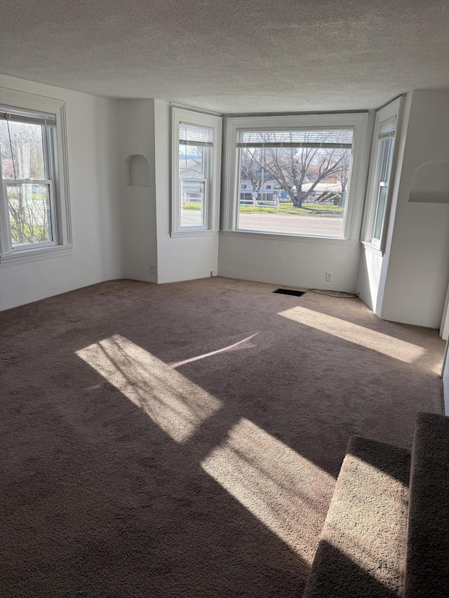 unfurnished room featuring visible vents, carpet floors, and a textured ceiling