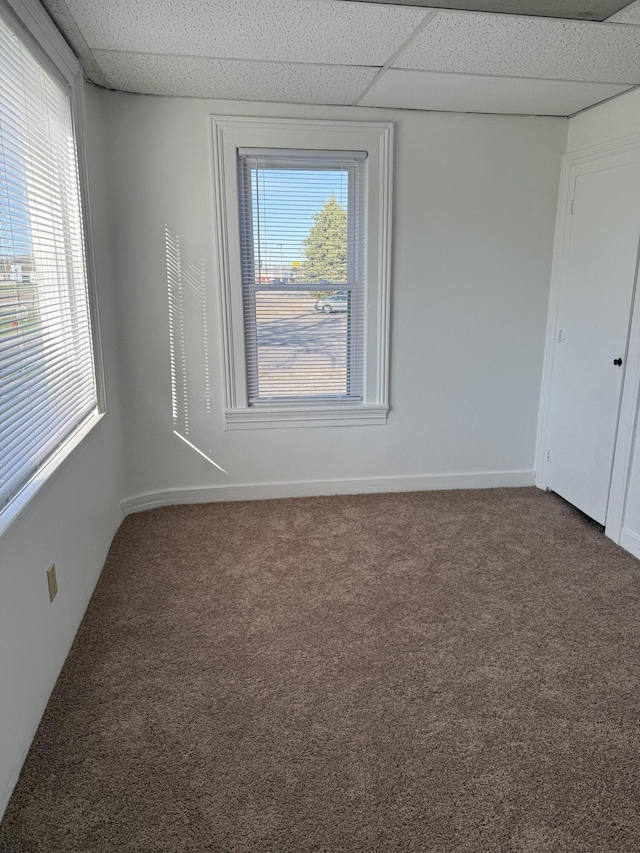 carpeted empty room featuring plenty of natural light, a drop ceiling, and baseboards