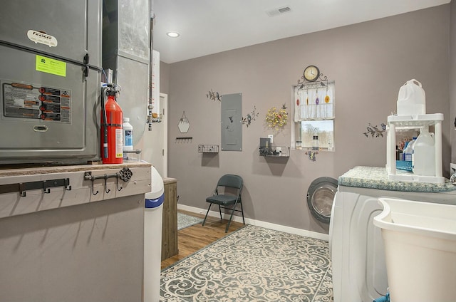 interior space with wood finished floors, visible vents, a sink, electric panel, and baseboards