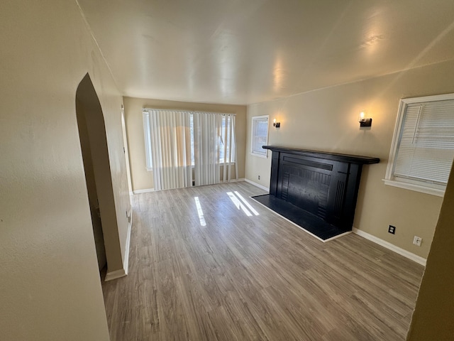 15241 Seymour St, Detroit, MI 48205 - unfurnished living room with a fireplace, wood finished floors, arched walkways, and baseboards