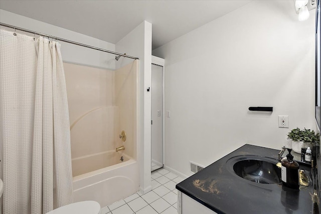 full bath with tile patterned flooring, vanity, toilet, shower / bathtub combination with curtain, and visible vents