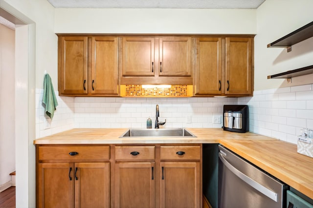 1843 N Sierra Way, Stevensville, MI 49127 - kitchen with open shelves, stainless steel dishwasher, a sink, and butcher block countertops