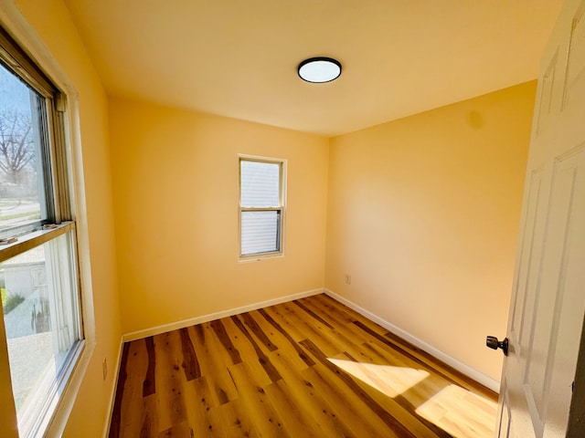 spare room with baseboards and wood finished floors