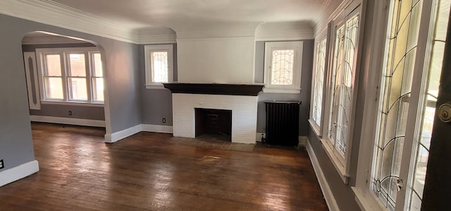 unfurnished living room featuring radiator heating unit, hardwood / wood-style floors, a fireplace, baseboards, and ornamental molding