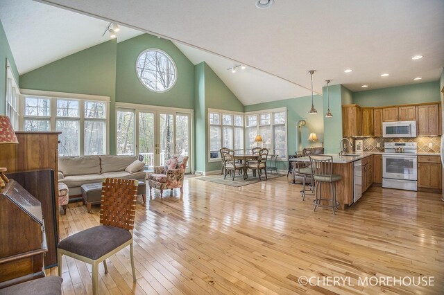 3390 E Baseline Rd, White Cloud, MI 49349 - living room featuring high vaulted ceiling, light wood-style flooring, rail lighting, baseboards, and recessed lighting