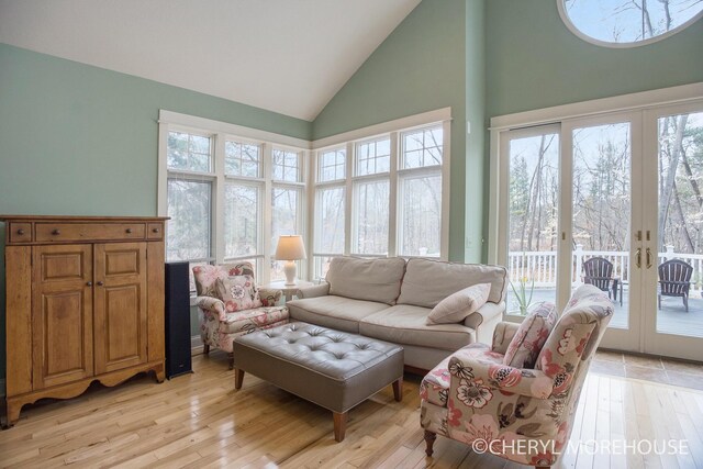 3390 E Baseline Rd, White Cloud, MI 49349 - living room with light wood finished floors, high vaulted ceiling, and french doors