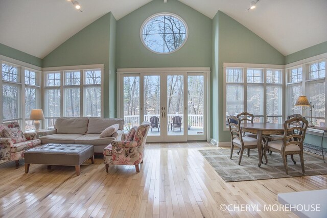 3390 E Baseline Rd, White Cloud, MI 49349 - living area with high vaulted ceiling, hardwood / wood-style flooring, and french doors