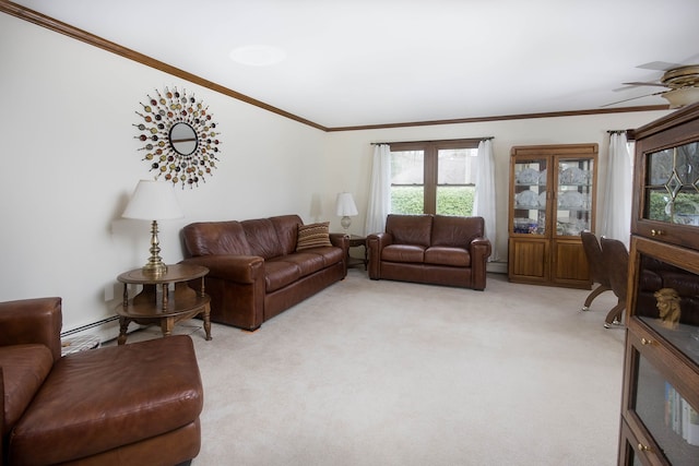 living area featuring light colored carpet, ornamental molding, and ceiling fan