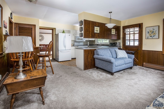 living room with light colored carpet, a toaster, a baseboard radiator, wooden walls, and wainscoting