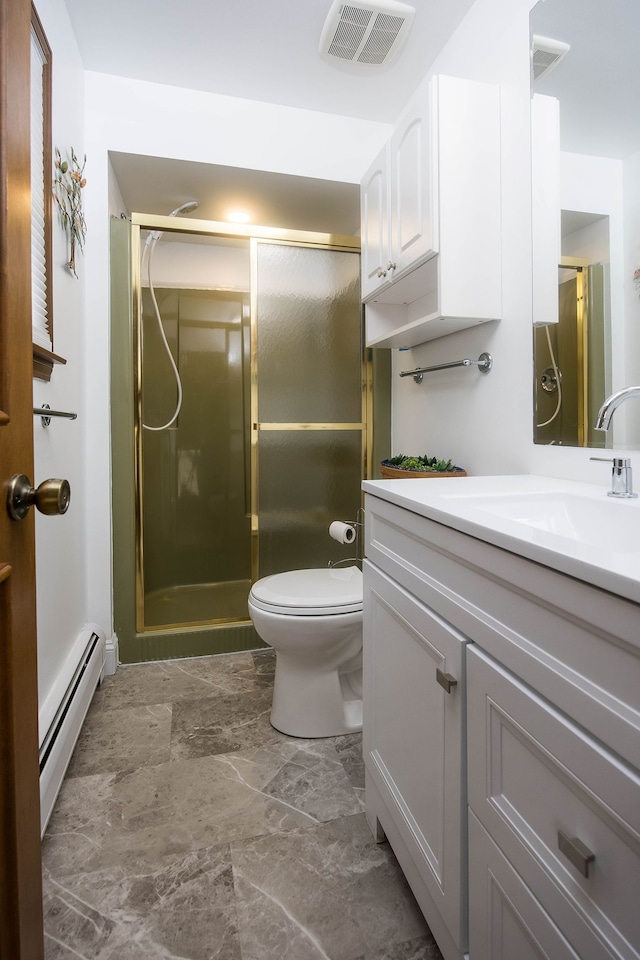 bathroom with a stall shower, a baseboard radiator, and visible vents