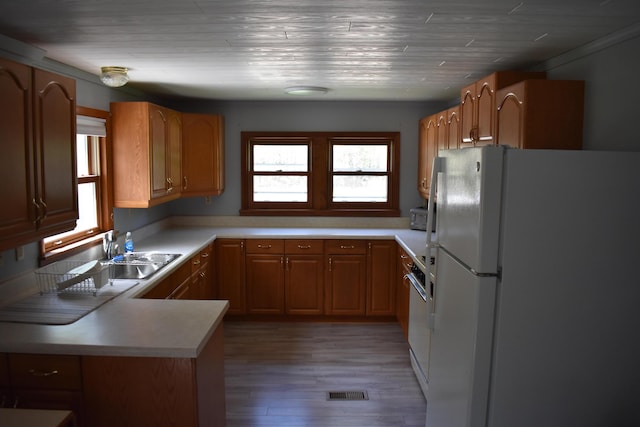 7885 W Fox Rd, Mears, MI 49436 - kitchen with freestanding refrigerator, wood finished floors, light countertops, a sink, and brown cabinets