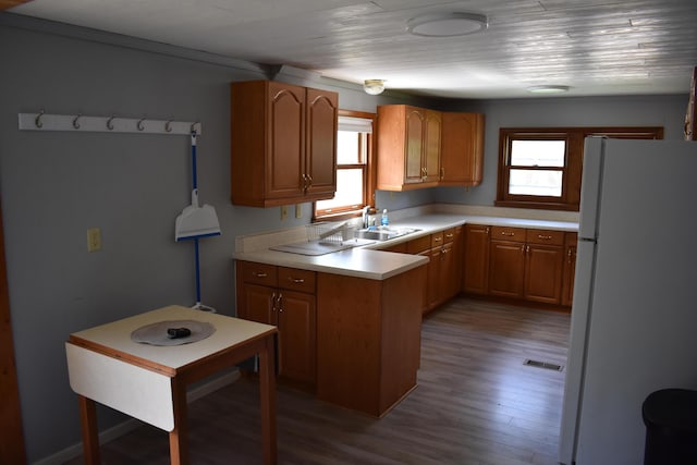 7885 W Fox Rd, Mears, MI 49436 - kitchen with freestanding refrigerator, a sink, dark wood-style flooring, light countertops, and brown cabinetry