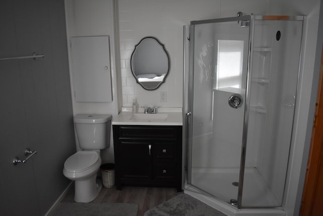 7885 W Fox Rd, Mears, MI 49436 - bathroom featuring a stall shower, wood finished floors, vanity, and toilet
