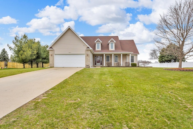 new england style home featuring brick siding, an attached garage, fence, and covered porch