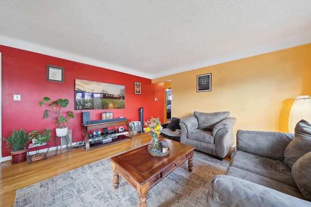 living area featuring baseboards, wood finished floors, and a textured ceiling