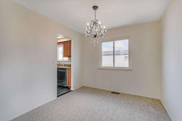 2919 Roundtree Dr, Troy, MI 48083 - unfurnished dining area with a chandelier, carpet floors, and baseboards