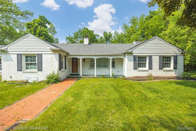 21700 W 13 Mile Rd, Beverly Hills, MI 48025 - ranch-style home with brick siding, a chimney, a porch, and a front yard