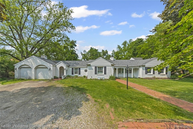 21700 W 13 Mile Rd, Beverly Hills, MI 48025 - ranch-style home with a chimney, dirt driveway, an attached garage, and a front yard
