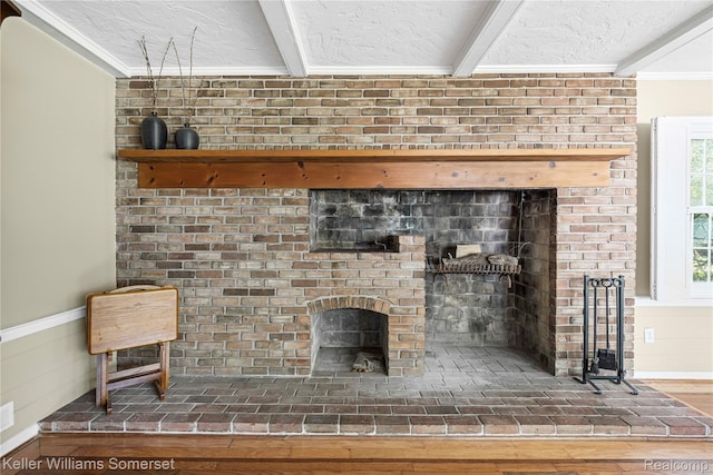 21700 W 13 Mile Rd, Beverly Hills, MI 48025 - detailed view of a textured ceiling, beamed ceiling, crown molding, and a fireplace