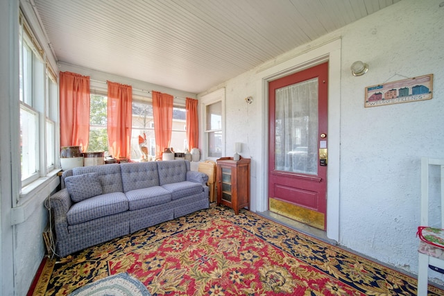 124 Broad St, Brooklyn, MI 49230 - sunroom / solarium featuring wood ceiling and a textured wall