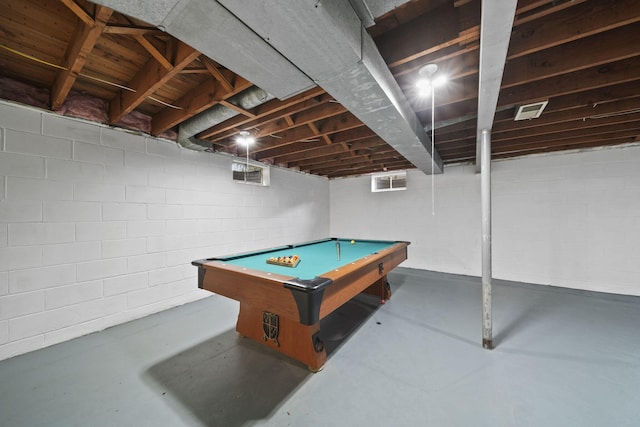 rec room with visible vents, concrete flooring, and billiards