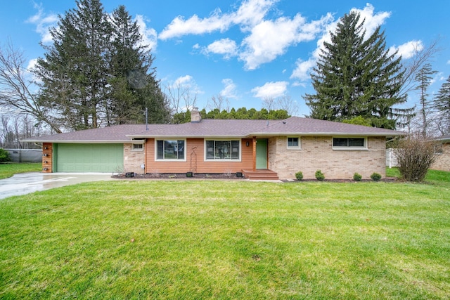ranch-style home featuring a garage, a front yard, driveway, and a chimney