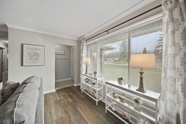 interior space featuring baseboards, crown molding, and wood finished floors