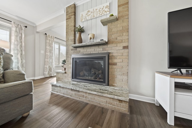 living room with a fireplace, wood finished floors, crown molding, and baseboards