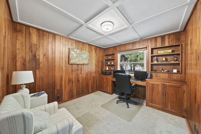office space featuring wood walls and light carpet