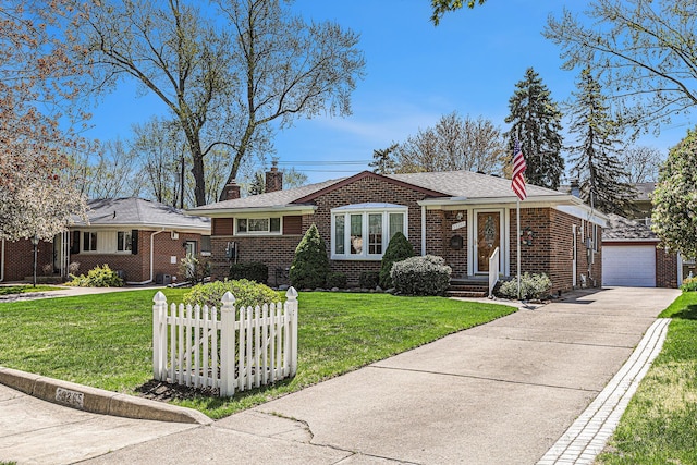ranch-style home with driveway, a front yard, a chimney, brick siding, and an outbuilding