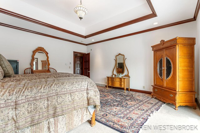 3550 64th Ave, Zeeland, MI 49464 - bedroom with carpet floors, a raised ceiling, recessed lighting, and crown molding