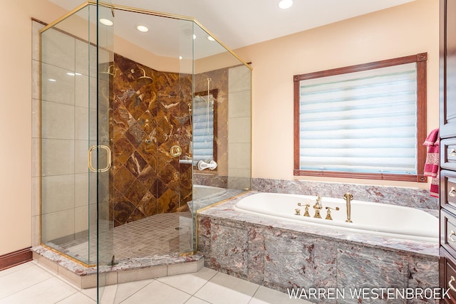 3550 64th Ave, Zeeland, MI 49464 - bathroom featuring a bath, a stall shower, tile patterned flooring, and recessed lighting