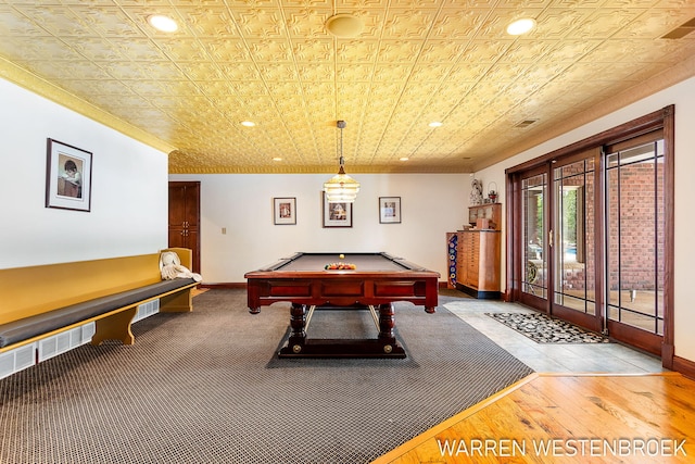 3550 64th Ave, Zeeland, MI 49464 - rec room featuring billiards, crown molding, recessed lighting, an ornate ceiling, and wood finished floors
