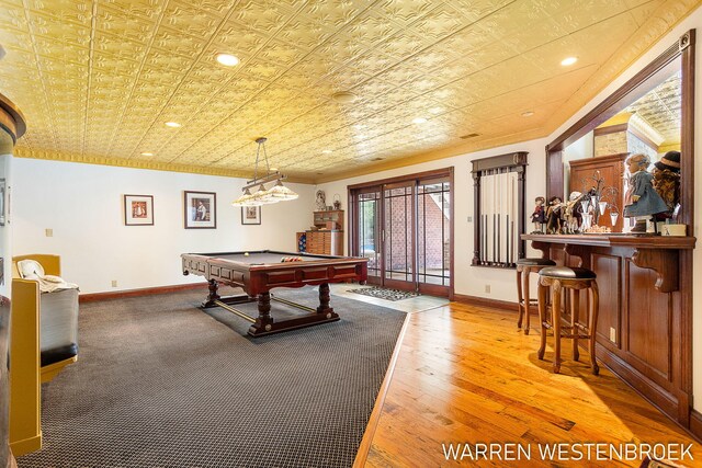 3550 64th Ave, Zeeland, MI 49464 - playroom featuring billiards table, ornamental molding, an ornate ceiling, hardwood / wood-style floors, and recessed lighting