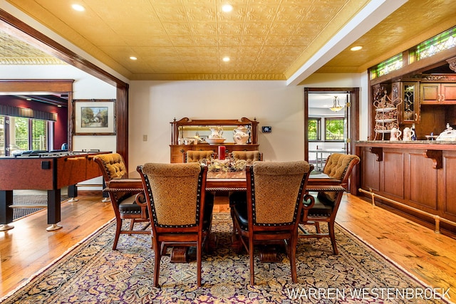 3550 64th Ave, Zeeland, MI 49464 - dining area featuring hardwood / wood-style floors, recessed lighting, an ornate ceiling, and crown molding