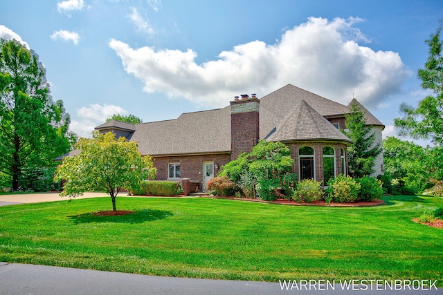 3550 64th Ave, Zeeland, MI 49464 - view of front of house with brick siding, a front yard, roof with shingles, and a chimney