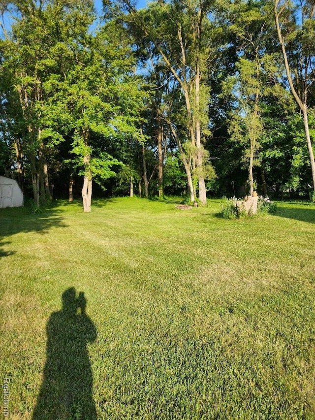 5140 Eastview Rd, Clarkston, MI 48346 - view of green lawn featuring a storage shed