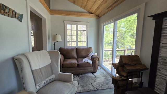 interior space featuring vaulted ceiling, a wealth of natural light, and wooden ceiling