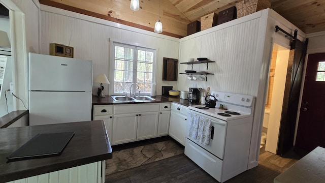 kitchen featuring dark countertops, open shelves, a sink, white appliances, and wood ceiling