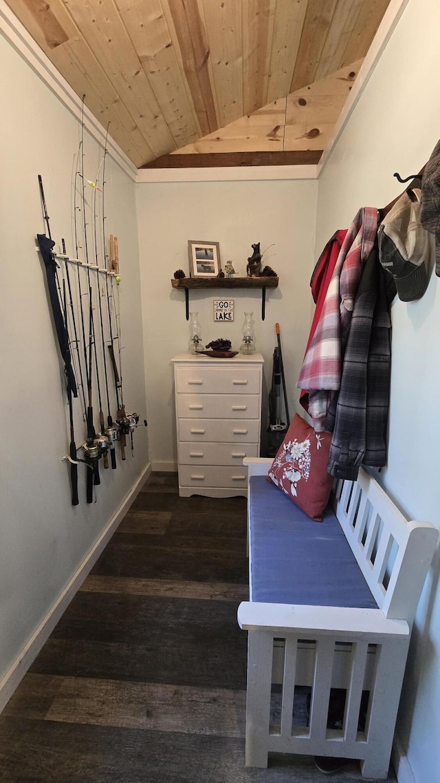 mudroom with baseboards, lofted ceiling, wooden ceiling, and dark wood-style flooring
