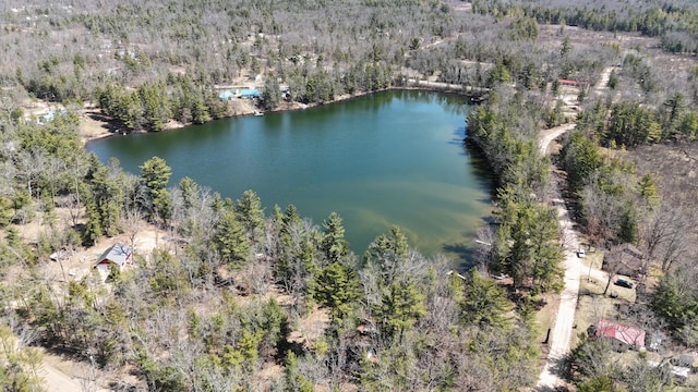 drone / aerial view featuring a wooded view and a water view