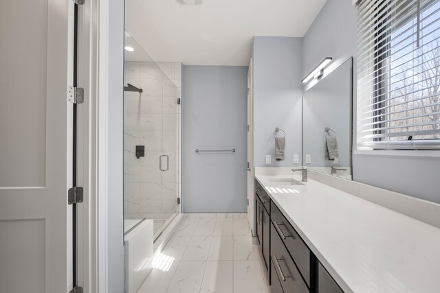 73404 Castle, Armada, MI 48005 - bathroom featuring marble finish flooring, healthy amount of natural light, vanity, a shower stall, and recessed lighting