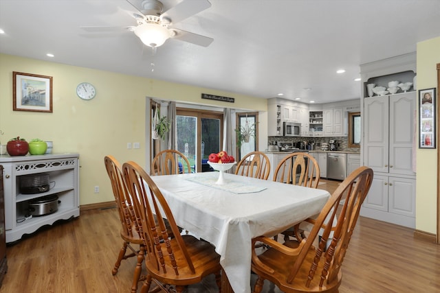 826 Hendricks Dr, Monroe, MI 48162 - dining area featuring recessed lighting, baseboards, a ceiling fan, and light wood-style flooring