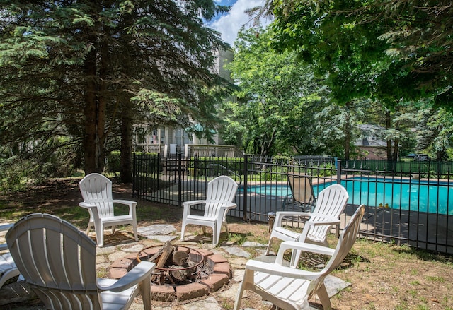 view of patio / terrace featuring a fenced in pool, an outdoor fire pit, and fence