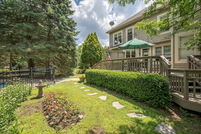 view of yard featuring a wooden deck and fence